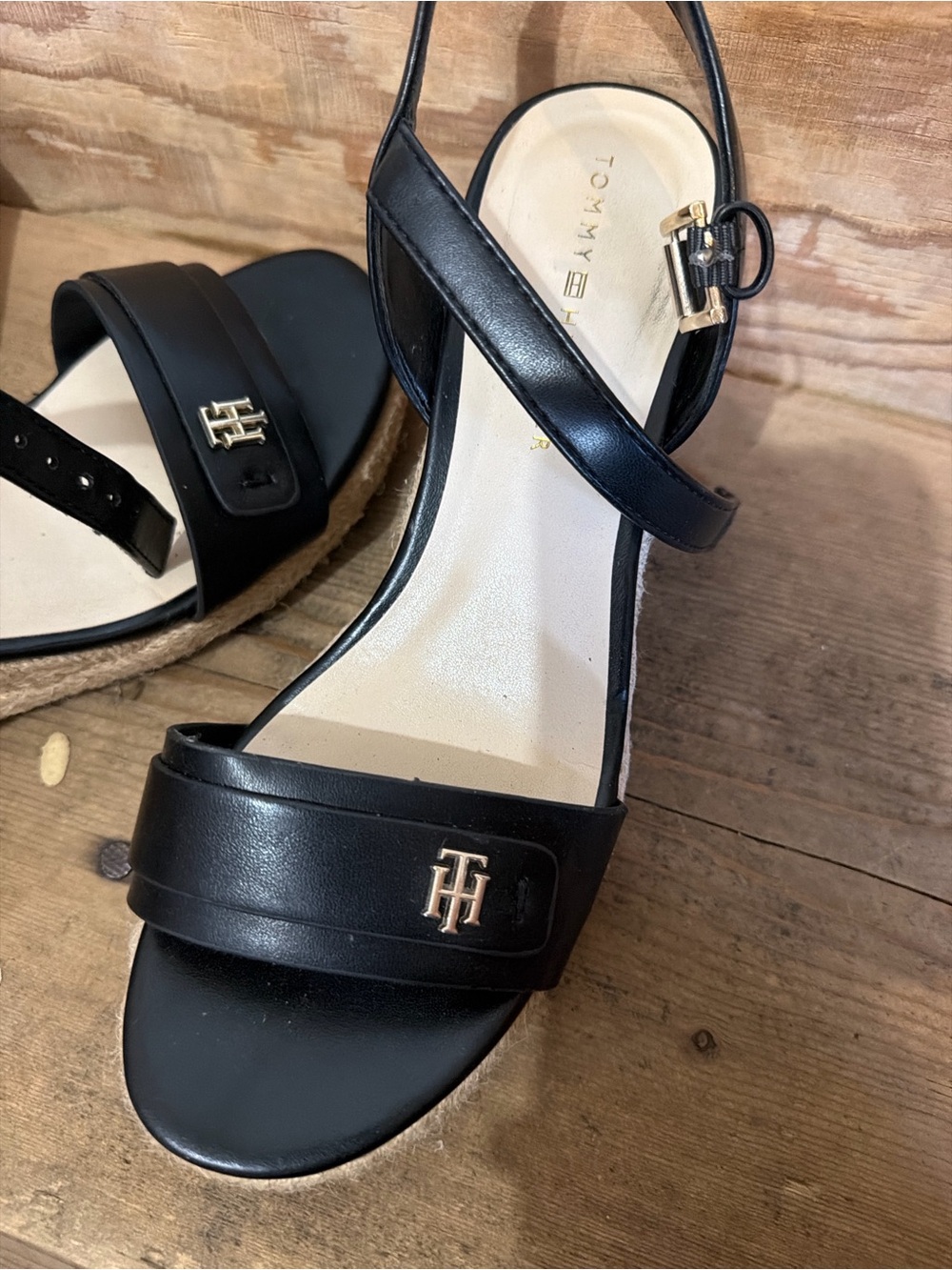 Tommy Hilfiger Black Leather Logo Espadrille Wedge Sandals